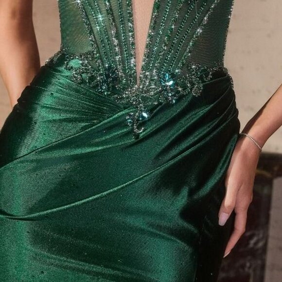 New Strapless Sheath Emerald Evening Dress w/ Corset Bodice & Leg Slit CD C172 - Picture 7 of 13